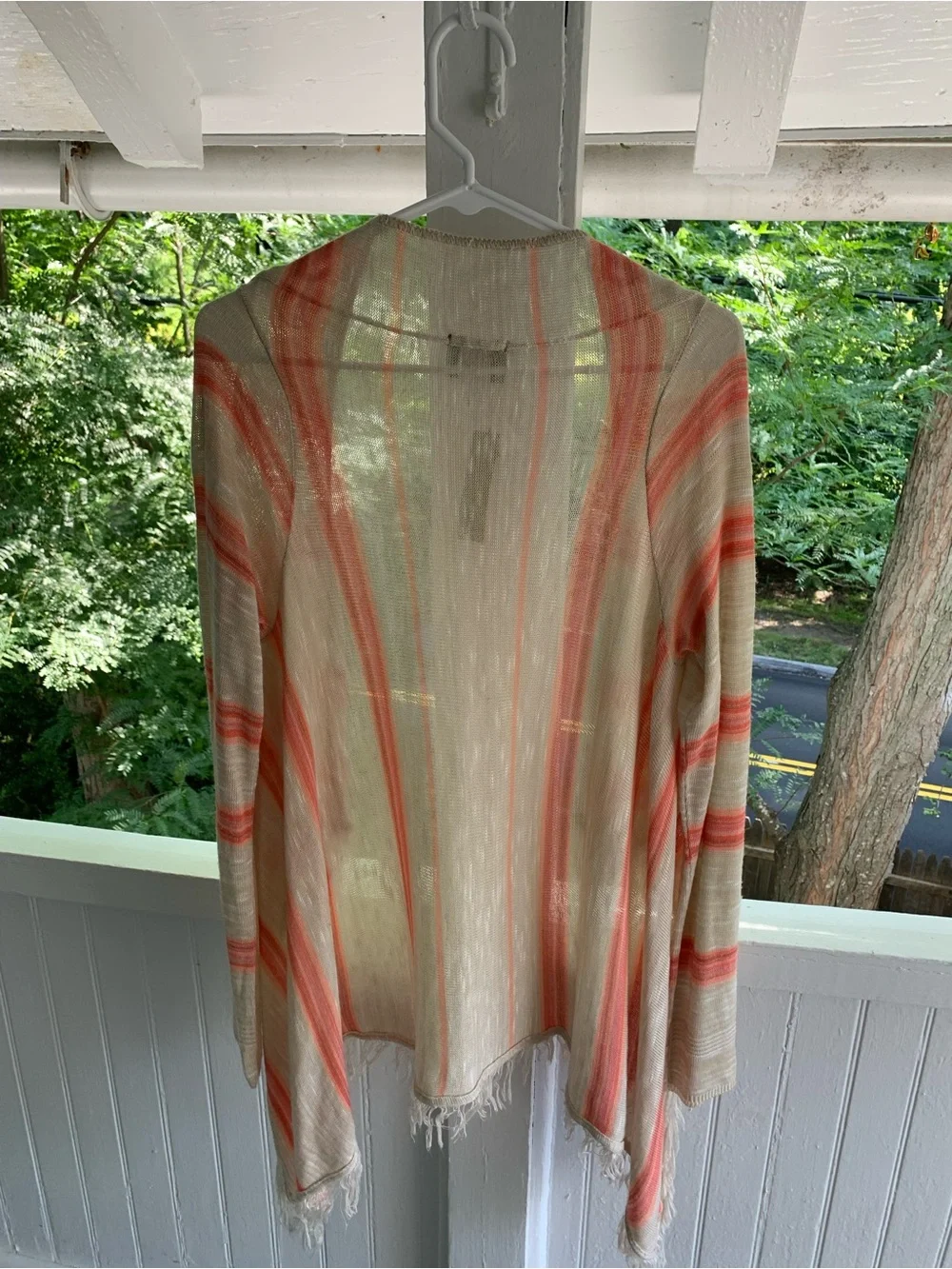 Open-Front Fringe Cardigan Sweater - Coral & Cream